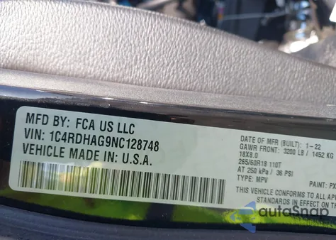 2022 Dodge Durango Sxt Rwd из США, поврежденный, VIN 1C4RDHAG9NC128748